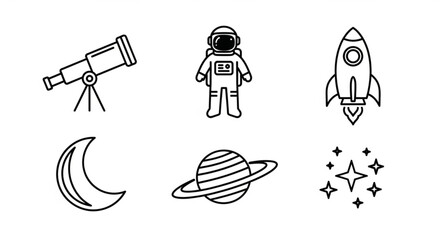 Illustration of an astronaut, telescope, rocket, moon, planet and stars in black outline style created with generated ai