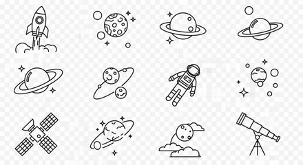 Collection of space elements including planets, rocket, astronaut, satellite and telescope line art icons created with generated ai