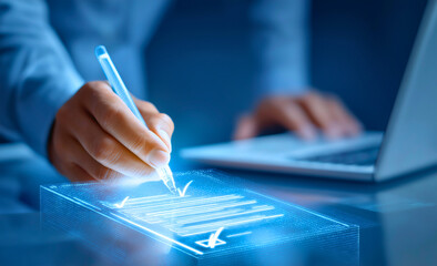 Businessman Signing Digital Document on Futuristic Virtual Interface