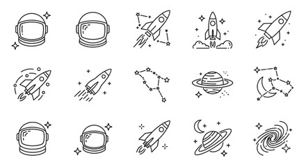 Illustration of space icons including astronaut helmets, rockets, constellations, planets and a galaxy image created with generated ai