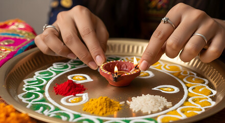 Hands lighting diyas on a decorated thali with colorful powders and rice