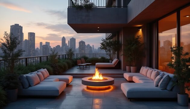 Modern luxury rooftop terrace with fire pit and seating area offers panoramic city skyline views at dusk. Comfortable outdoor lounge space for evening relaxation with city lights.