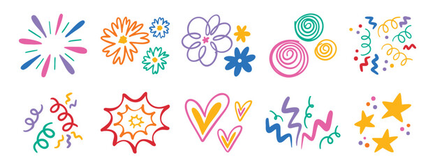 Abstract cute shapes sticker curve set. Colorful funny element organic symbol. Doodle flower and heart, star and confetti, trendy lines cartoon drawing style. 