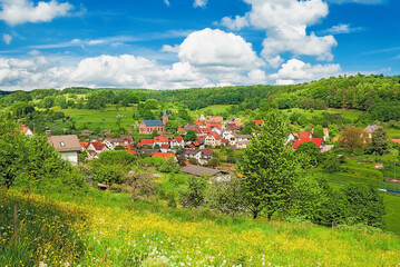 Small village Ruppertshütten, subdivision of Lohr on Main river in the idyllic Spessarts hills in Lower Franconia, Bavaria, Germany
