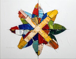 Textured, abstract, eight-pointed colorful star on white