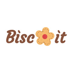 Fototapeta premium Sweet biscuit logo with flower element in the center, soft brown typography design for bakery, cookie shop, or snack product branding