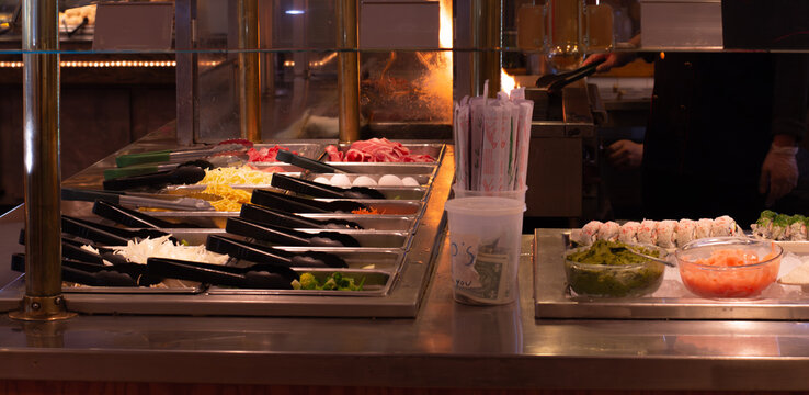 Food trayus for buffet with fresh food for cooking