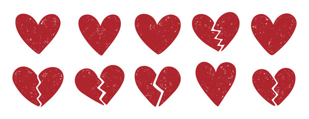 heart and broken heart sketch doodle hand drawn brush textured set. red hearts with texture
