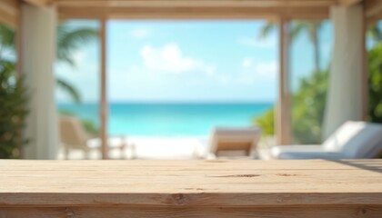 Fototapeta premium Empty wooden table foreground with tropical beach ocean background. Lounge chairs on white sand, turquoise water, blue sky. Bright sunny day resort view.