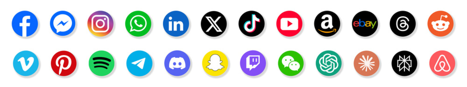 Minimal round button-style social media logo pack featuring Facebook, Amazon, eBay, Airbnb, Claude, Perplexity, ChatGPT, Instagram, YouTube, X, TikTok, LinkedIn, Pinterest, Spotify, WhatsApp, and Redd