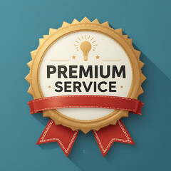 Premium service badge with a gold seal, red ribbon, and lightbulb icon on a blue background.
