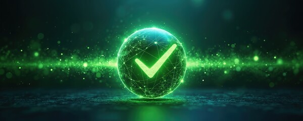 Bright green check mark glows inside digital network sphere, approval, verification, successful compliance. Abstract image shows quality assurance, correctness, global trust in modern, data-driven