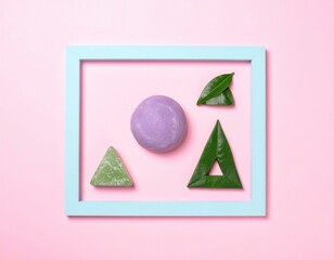 Geometric shapes, greens & purple within a teal square frame