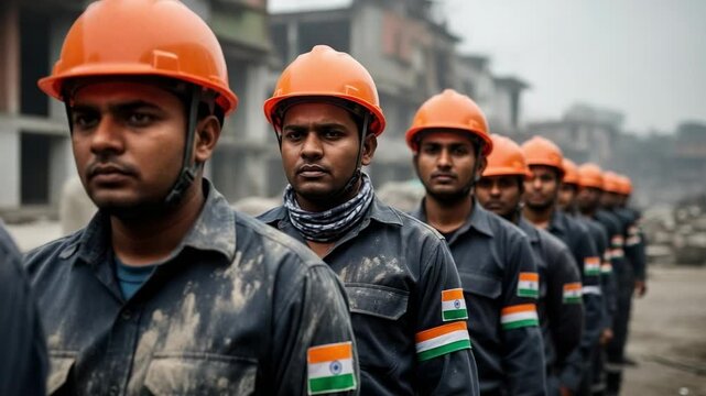 Line of serious Indian male construction workers wearing orange hard hats and blue uniforms with Indian flag armbands, standing in a row at a dusty site