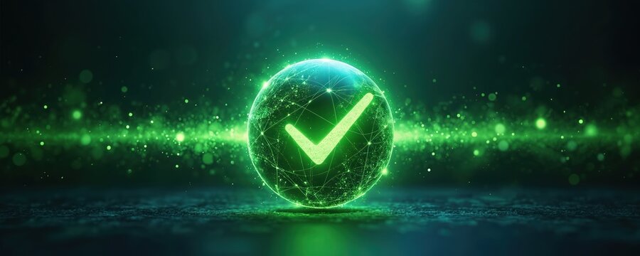 Bright green check mark glows inside digital network sphere, approval, verification, successful compliance. Abstract image shows quality assurance, correctness, global trust in modern, data-driven