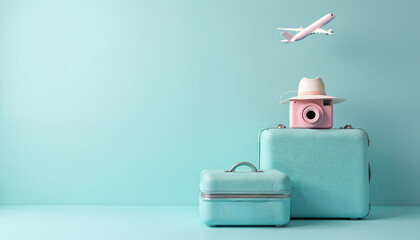 Aqua blue suitcases and pink camera with hat await summer travel. A light pink airplane flies overhead against a pastel blue background symbolizing a vacation adventure and trip planning.