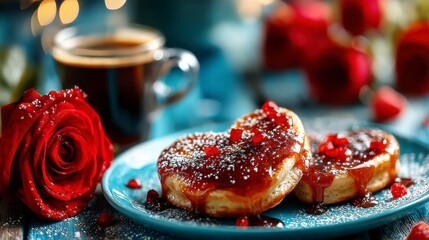 Delightful Heart-Shaped Pancakes Topped with Sweet Syrup and Garnished with Fresh Berries, Served with a Warm Cup of Coffee and Elegant Red Roses