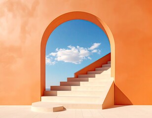Orange archway frames stairs leading to sunny sky