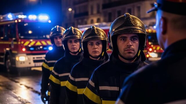 Dedicated young male and female firefighters in protective gear and helmets standing in formation at night, with a fire engine and flashing lights in the background
