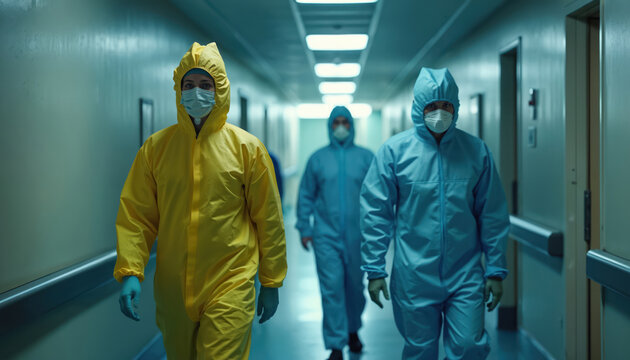 Medical personnel wearing protective suits walk down hospital hallway. Health workers in face masks and safety gear. People in hazmat suits, healthcare professionals during epidemic.