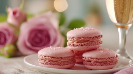 Fototapeta premium Delicate Pink Macarons on a Plate Accompanied by Roses and Sparkling Wine in a Softly Lit Setting