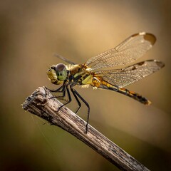 Close-up of a dragonfly perched on a twig