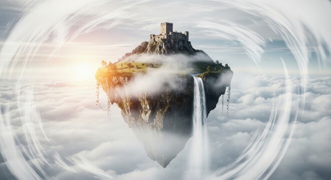Floating Island with Castle, Waterfall, and Enigmatic Sky Effects