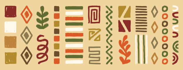 Ethnic African geometric boho set with earthy tones, hand drawn