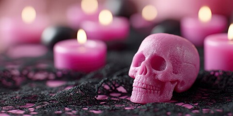 A Decorative Pink Skull Set Against a Background of Candles and Lace, Creating a Mysterious and Spooky Atmosphere for Halloween or Themed Events
