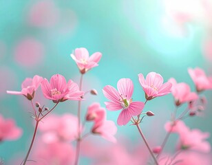 Pink blossoms glow against bokeh aqua background
