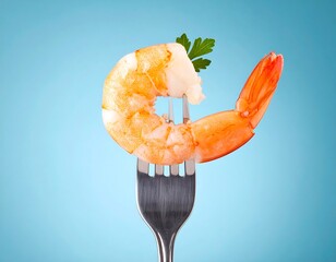 Single shrimp on a fork against a blue backdrop