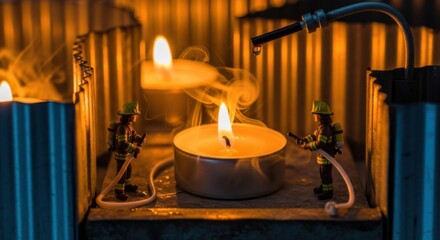 Miniature Firefighters Checking Small Candle in Industrial Setting with Flames and Smoke