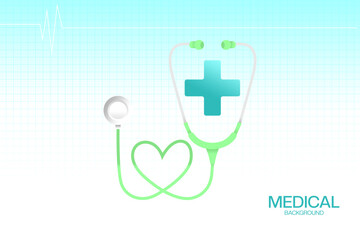 Medical background with blue and green background with stethoscope illustration and plus symbol. Suitable for hospital posters, web, and presentations. Vector eps.