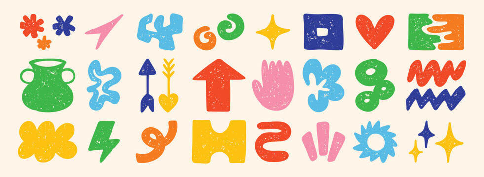 Cute abstract doodle shapes. Set of various modern kids hand drawn stars, hearts, clouds, flowers stickers. Retro comic figure