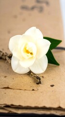 Single white flower on aged paper
