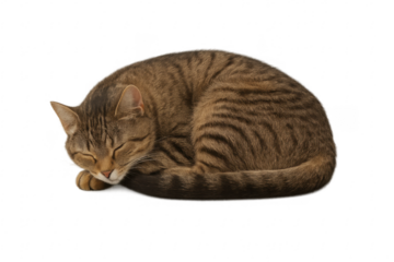 Sleeping tabby cat resting curled up, transparent background