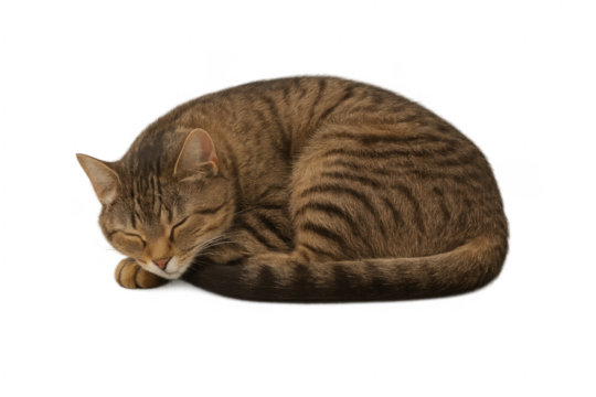 Sleeping tabby cat resting curled up, transparent background