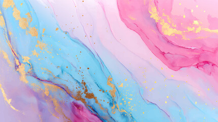 A vibrant abstract painting featuring swirling pink and blue colors with gold accents