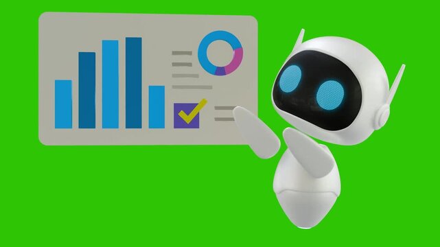 An adorable 3D mini robot pointing and describing data from a business chart. Business charts come in the form of bars, pie charts, and checklists, all in full color.