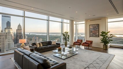 Living room with city view featuring sofas and armchairs at sunset