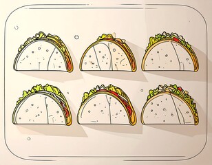 Six tacos arranged on a tray