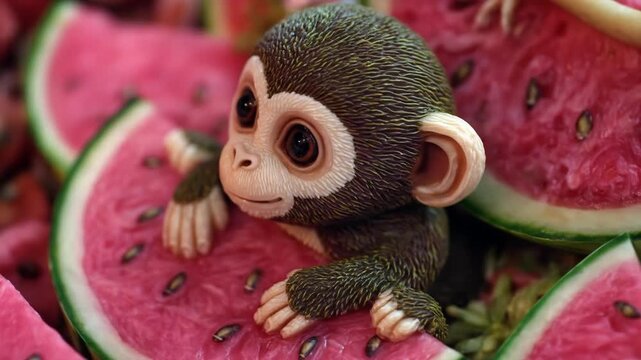 Cute monkey figurine surrounded by fresh watermelon slices studio setting