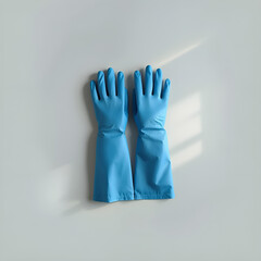 A pair of blue rubber gloves, resting on a light surface, casting shadows.