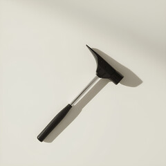 A close-up overhead shot of a black hammer resting on a white surface with shadows.