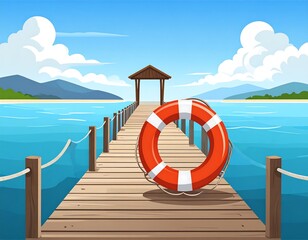Tropical beach scene with pier and life buoy
