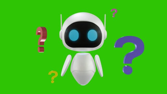 A funny animation of a 3D little robot looking left and right with a puzzled expression. A colorful 3D question mark symbol may be seen in the backdrop. Green screen background. 