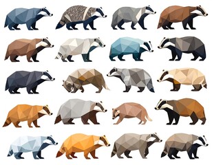 Collection of stylized badger illustrations with geometric designs
