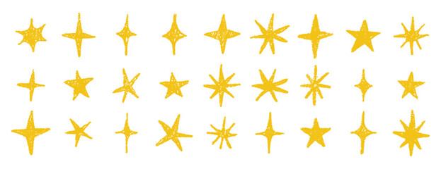gold chalk crayon doodle stars set. Shine and sparkle hand drawn drawing collection. Children style yellow wax pencil elements. Grunge texture star shapes. © Yanka