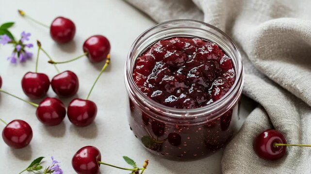 Delicious homemade cherry jam in glass jar surrounded by fresh cherries and purple flowers