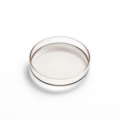 A clear, empty petri dish sits isolated on a white background, ready for use in a laboratory.